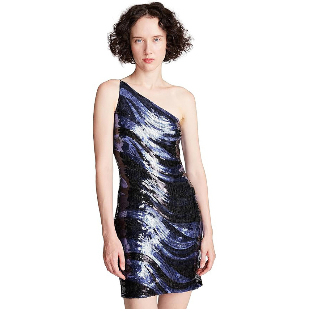 NEW Halston Blue & Silver Gabriella One Shoulder Dress in Sequins Size 12